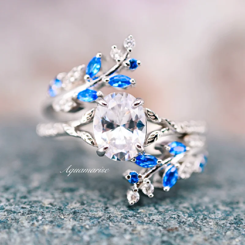 ladies engagement rings opal-Blue Sapphire & Diamond (cz) Engagement Leaf Ring Set- 925 Sterling Silver