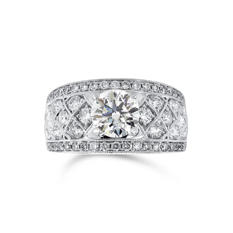 ladies engagement rings trillion-1.21 CT Round Diamond and 1.08 CT Channel Set 18K White Gold Engagement Ring