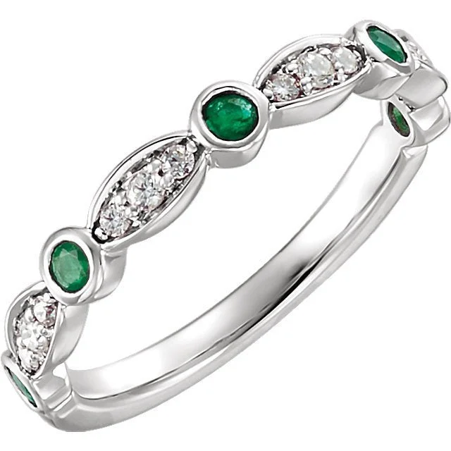 Ladies rings scottish charm -14KT WHITE GOLD EMERALD AND 1/6 CTW DIAMOND STACKABLE RING