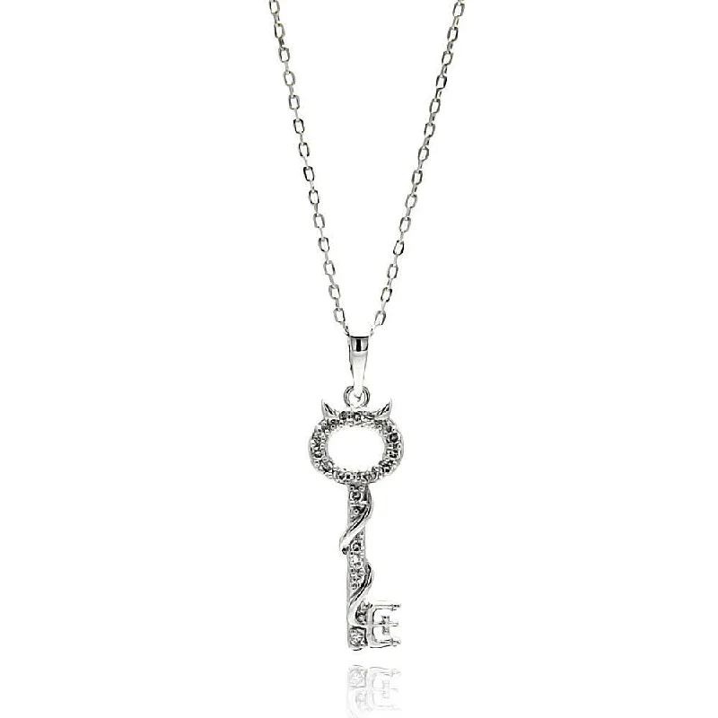 ladies necklaces wave-Silver 925 Rhodium Plated Open Key CZ Necklace - BGP00622