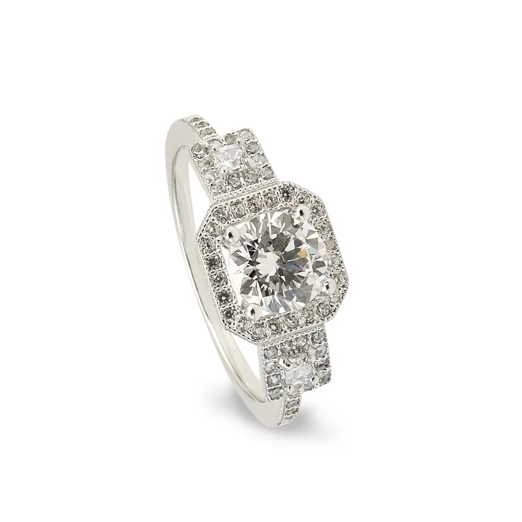 Ladies rings celtic shine -Platinum Finish Sterling Silver Micropave Octagon Ring with 59 Simulated Diamonds