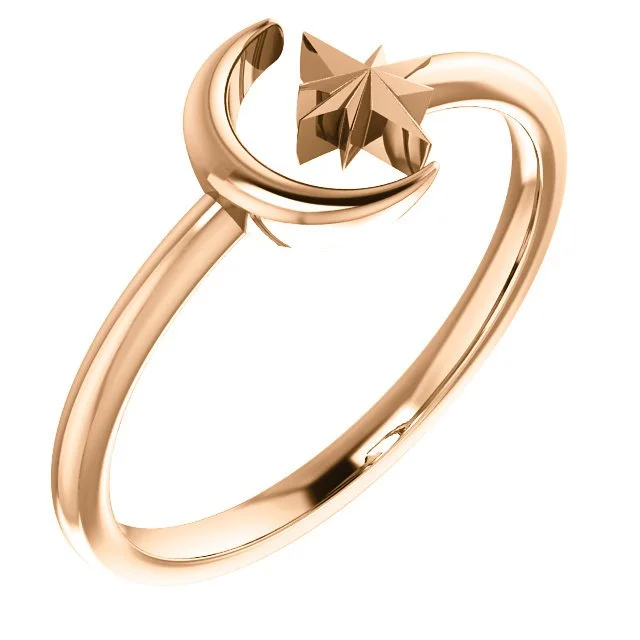 Ladies rings wedding shine -14KT Gold Crescent Moon & Star Space Ring