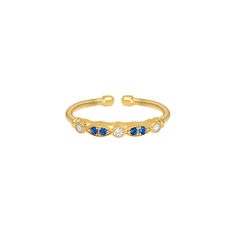 Ladies rings clearance charm -Gold Finish Sterling Silver Cable Cuff Ring with Simulated Blue Sapphire and Simulated Diamond Marquis & Round Design