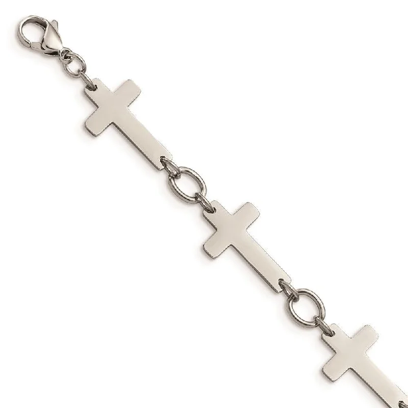 Ladies bracelets mid century glow -Stainless Steel Polished Sideways Cross 8in Bracelet