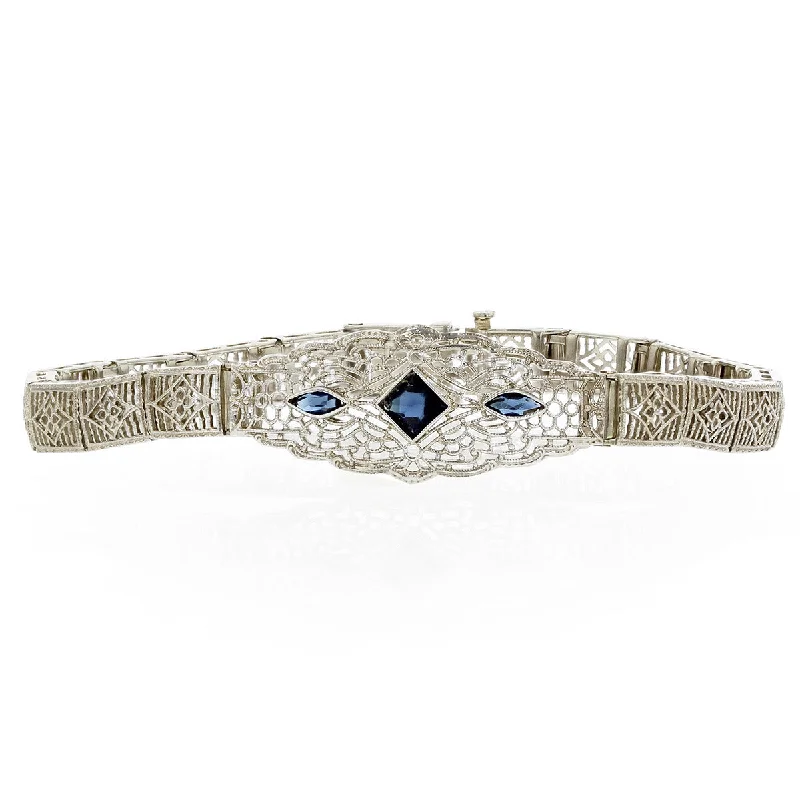 Ladies bracelets marquise gleam -Art Deco 14K Gold Blue Glass Filigree Bracelet