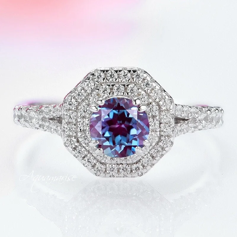 ladies engagement rings gift-Hexagon Teal & Purple Alexandrite Engagement Ring- 14K White Gold