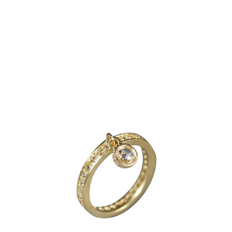 Ladies rings online gem -18K Gold 4mm Rose Cut Diamond Dangle Ring with Pave Band