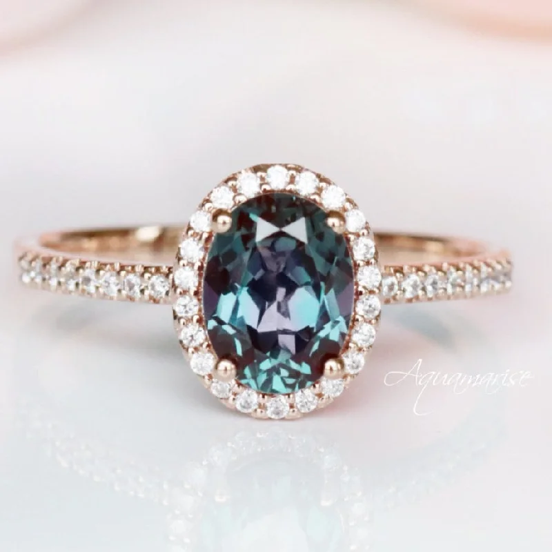 ladies engagement rings channel-Iris Teal & Purple Oval Alexandrite Engagement Ring- 14K Solid Rose Gold