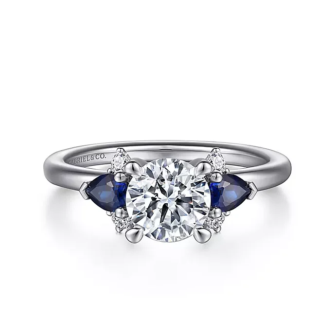 ladies engagement rings recycled-Jeanne - 14K White Gold Round Three Stone Sapphire and Diamond Engagement Ring