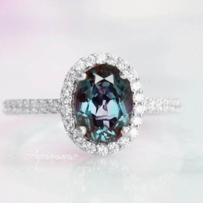 ladies engagement rings shiny-Iris Teal & Purple Oval Alexandrite Engagement Ring- 14K White Gold