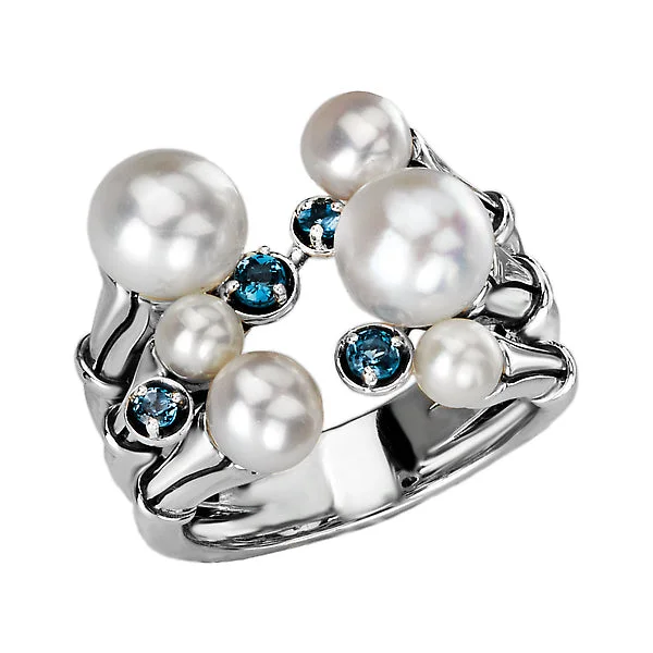 Ladies rings quality shine -Ladies Fashion Freshwater Pearl and Blue Topaz Ring