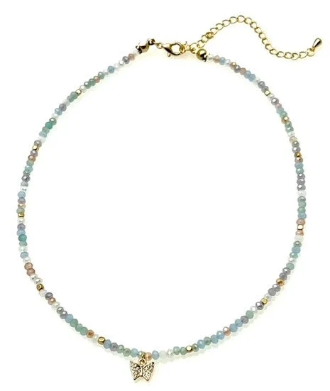 ladies necklaces graduation-Pastel Beaded Necklace with Butterfly Pendant - Multi colors