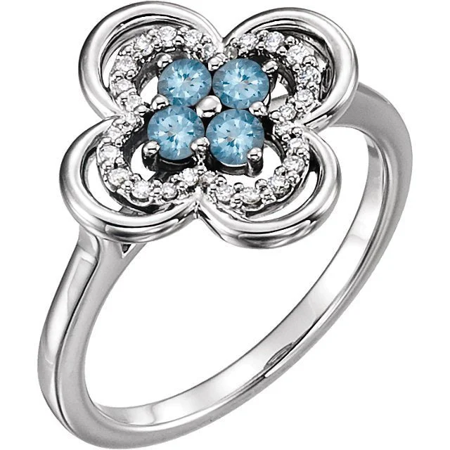 Ladies rings pharaoh glow -14KT GOLD 0.24 CTW AQUAMARINE & 0.10 CTW DIAMOND CLOVER RING