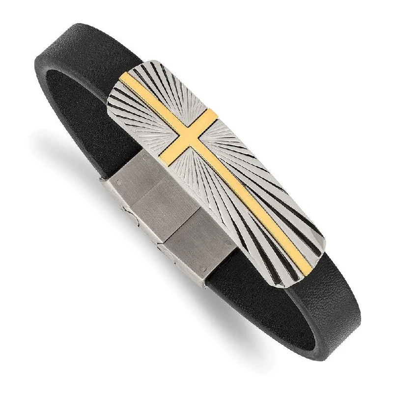 Ladies bracelets tension charm -Stainless Steel Polished Yellow IP Cross Black Leather w/.5in ext Bracelet