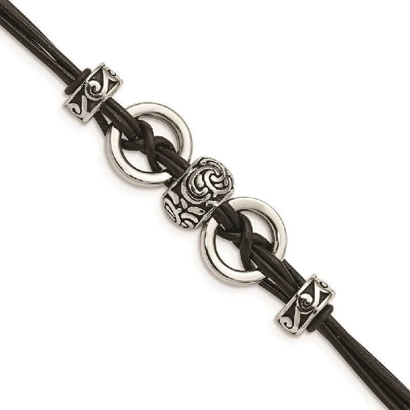 Ladies bracelets mystic glow -Stainless Steel Black Leather w/Antiqued Beads 8.25in w/ext Bracelet