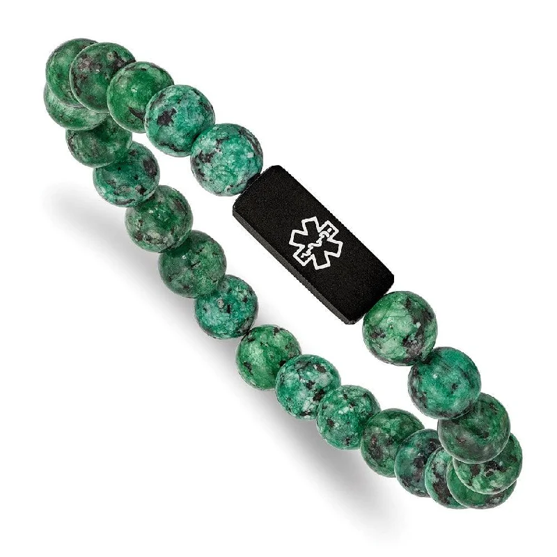 Ladies bracelets sharp edge glow -Stainless Steel Brushed Black IP Medical Dyed Green Bead Stretch Bracelet