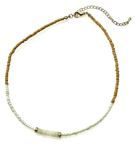 ladies necklaces styles-Beaded Necklace with Seed and Stone Beads - Cream/Tan