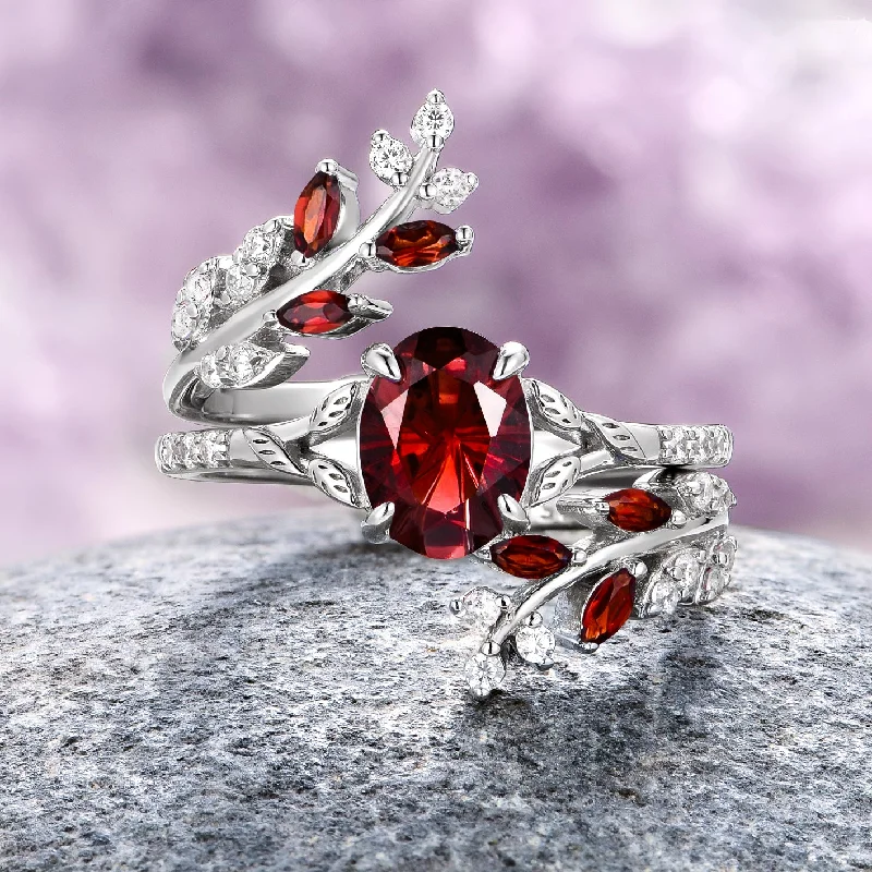 ladies engagement rings investment-Star Cut Nature Red Garnet Leaf Engagement Ring Set- 14K White Gold