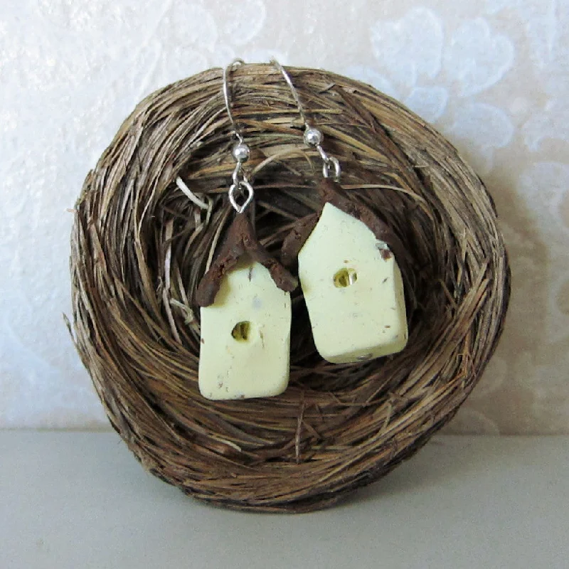 ladies earrings self gift-Bird House Earrings Polymer Clay Yellow Birdhouse Sterling Silver