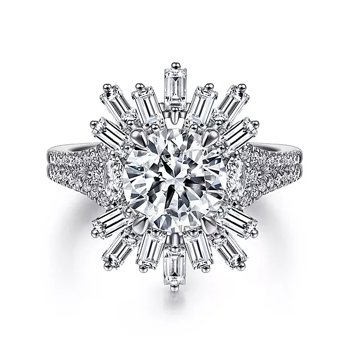 ladies engagement rings solitaire-Rapture - Art Deco 14K White Gold Starburst Halo Round Diamond Engagement Ring