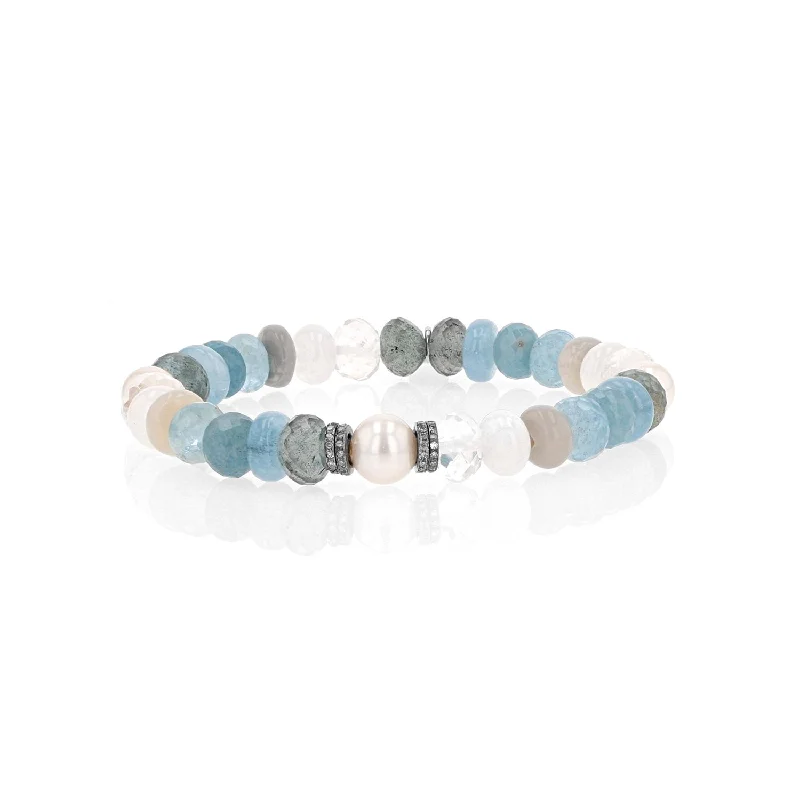 Ladies bracelets dual shine -Pearl and Blue Gemstone Mix Bracelet with 4 Diamond Rondelles - 8mm  B0003977