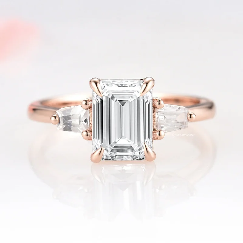 ladies engagement rings topaz-Emerald Cut Moissanite Engagement Ring- 14K Solid Rose Gold