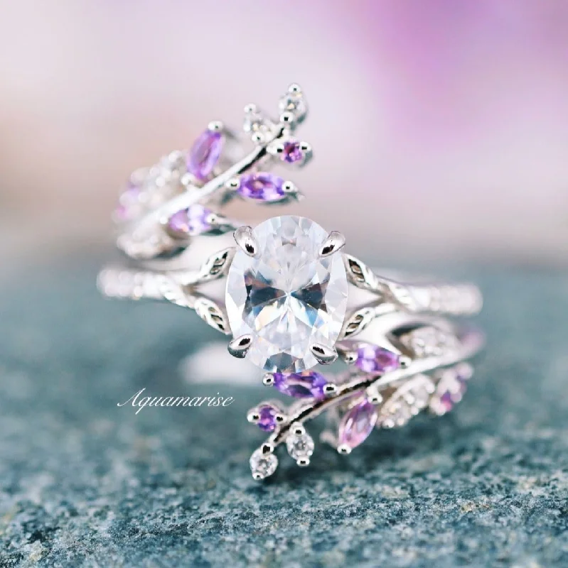 ladies engagement rings detailed-Fairy Amethyst & Moissanite/Diamond Leaf Engagement Ring Set- 14K White Gold