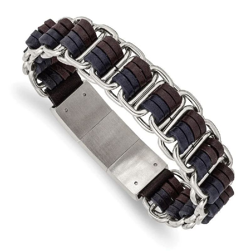 Ladies bracelets rough glow -Stainless Steel Polished w/Blue and Brown Leather w/.5in ext 8in Bracelet