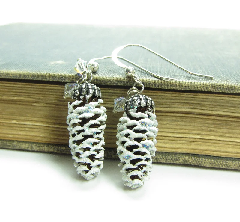 ladies earrings special occasion-Snowy Pine Cone Earrings on Sterling Silver Wires