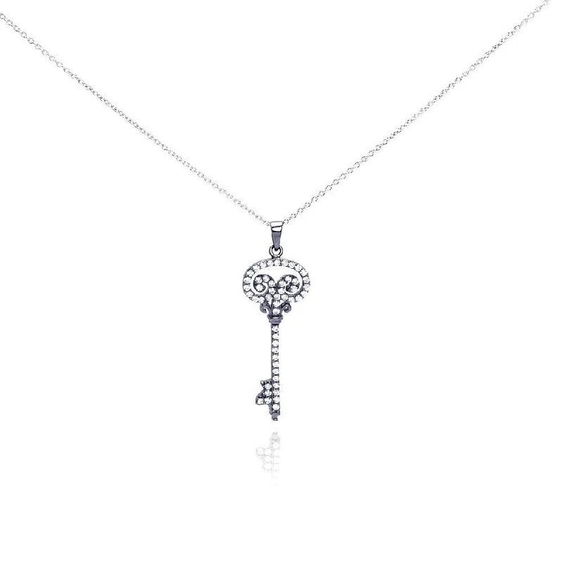 ladies necklaces formal-Silver 925 Black Rhodium Plated Clear CZ Key Pendant Necklace - STP00998