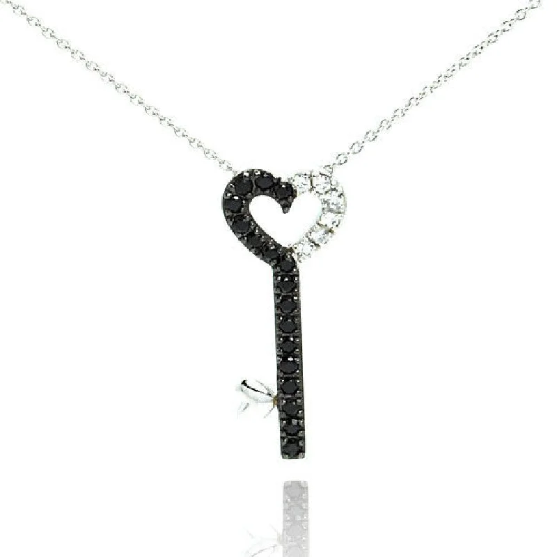 ladies necklaces nature-Silver 925 Rhodium and Black Rhodium Plated Clear and Black CZ Key Pendant Necklace - STP00992