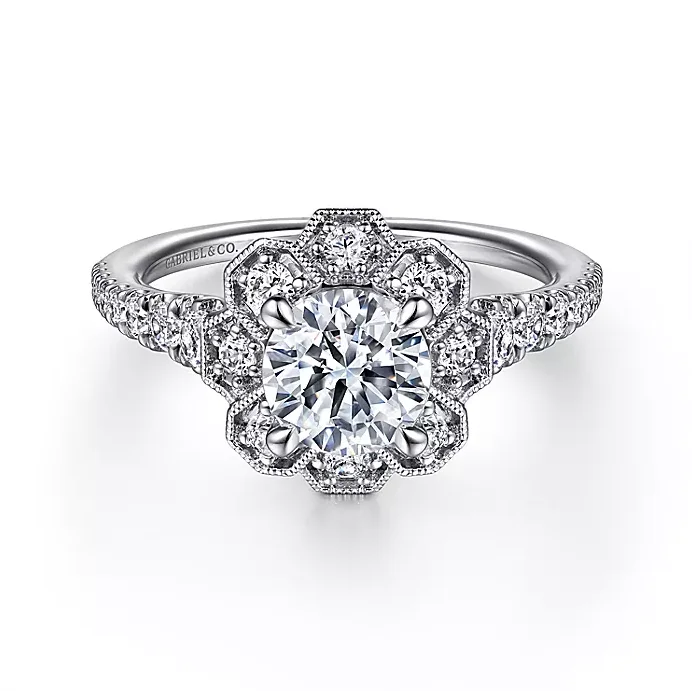 ladies engagement rings budget-Elowyn - Art Deco Inspired 14K White Gold Floral Halo Round Diamond Engagement Ring