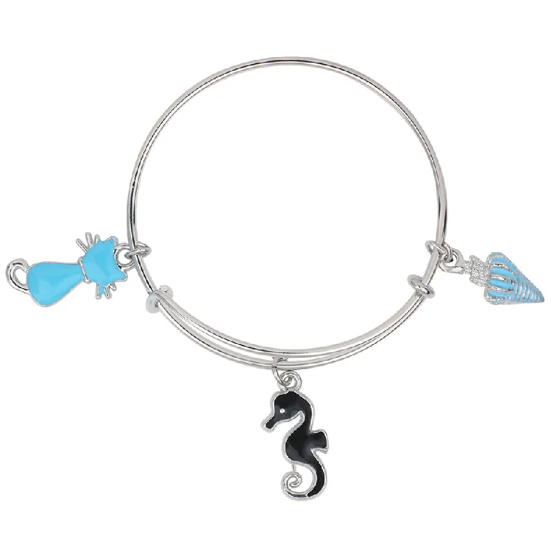 Ladies bracelets warrior shine -Mahi Cat & Sea Horse Shaped Enamel Work Charm Bracelet with Rhodium Plated for Girls (BRK1100876R)