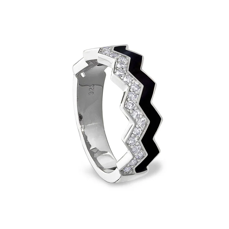 Ladies rings butterfly shine -Platinum Finish Sterling Silver Micropave Ring with with Black Enamel and Simulated Diamondss