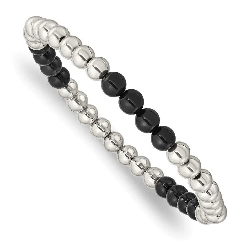 Ladies bracelets mindful sourcing -Stainless Steel Polished Black Onyx Beaded Stretch Bracelet