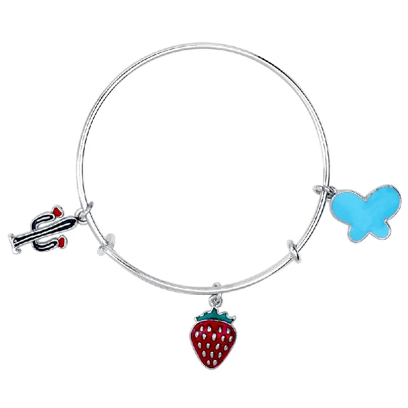 Ladies bracelets oath band -Mahi Cactus, Butterfly & Strawberry Shaped Enamel Work Charm Bracelet with Rhodium Plated for Kids (BRK1100895R)