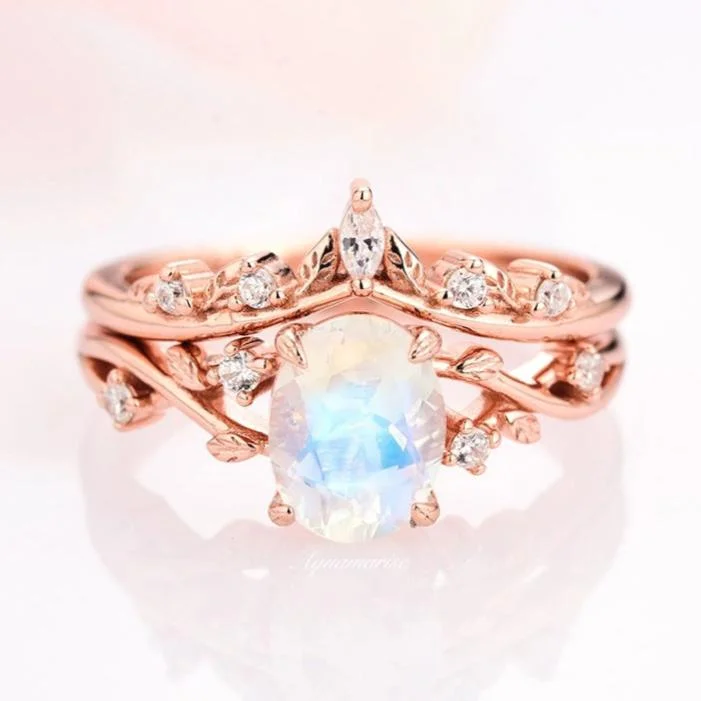 ladies engagement rings water resistant-Natural Moonstone Fairy Engagement Ring Set- 14K Rose Gold Vermeil