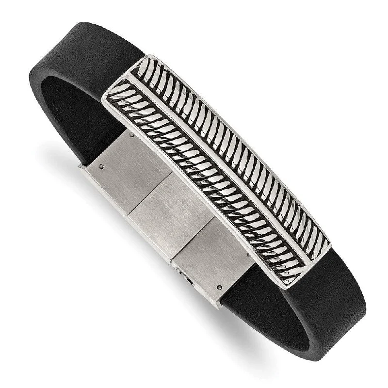 Ladies bracelets halo glow -Stainless Steel Antiqued and Polished Black Leather w/.5in ext 8in Bracelet