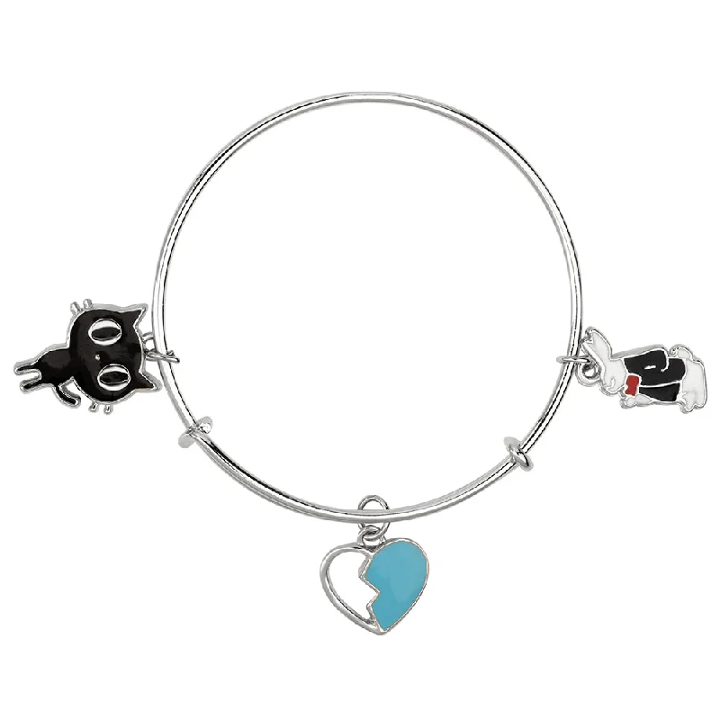 Ladies bracelets stretch fit -Mahi Cat, Rabit & Heart Shaped Enamel Work Charm Bracelet with Rhodium Plated for Girls (BRK1100893R)