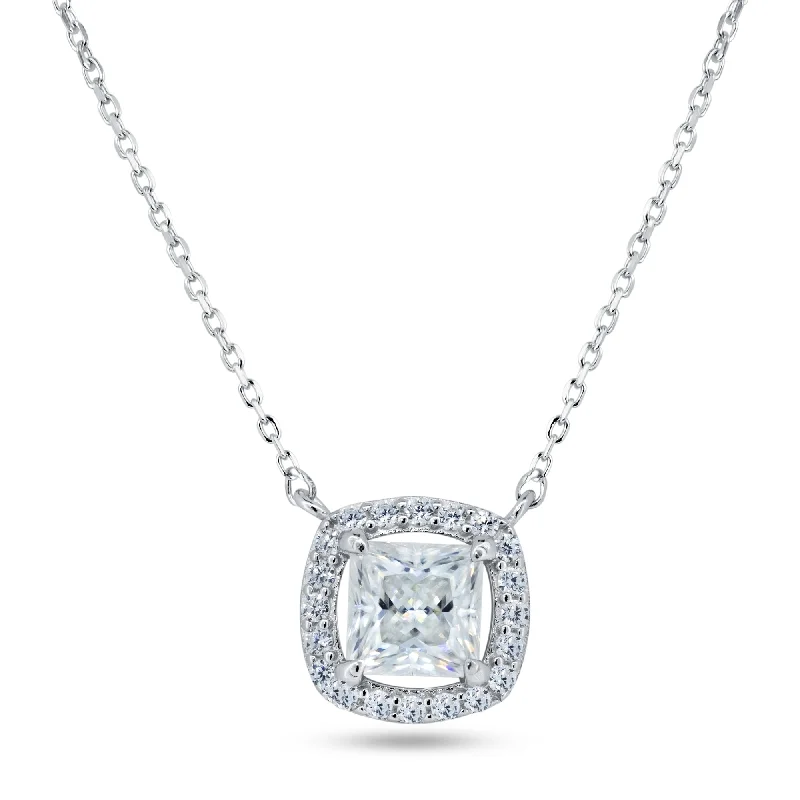 ladies necklaces beaded-Silver Rhodium 925 Square Halo Moissanite Necklace - MBGP00001