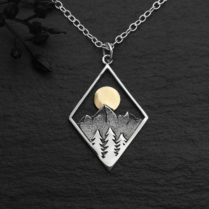 ladies necklaces tribal-Mountain & Trees Necklace with Bronze Sun