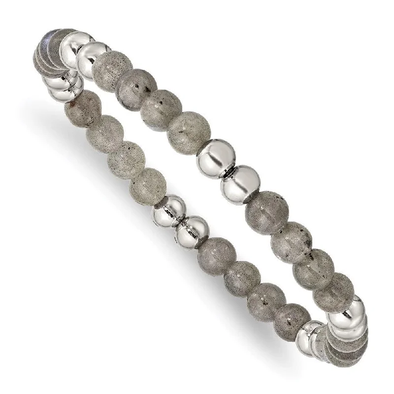 Ladies bracelets synthetic sparkle -Stainless Steel Polished Grey Quartz Beaded Stretch Bracelet