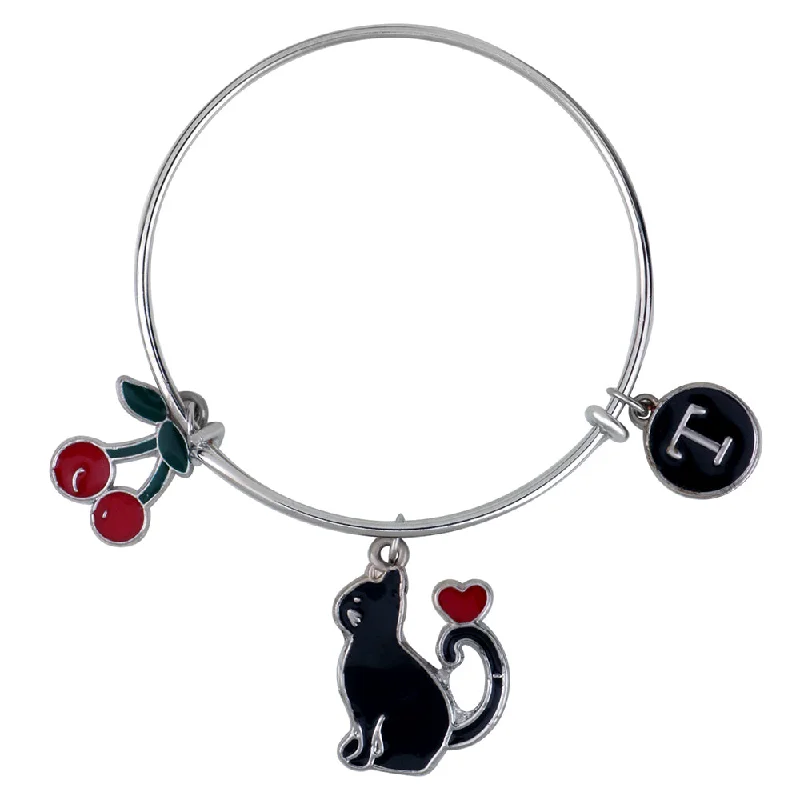 Ladies bracelets flare glow -Mahi T Letter Cherry & Cat Shaped Rhodium Plated Enamel Work Charms Kids Bracelets for Girls (BRK1100952R)