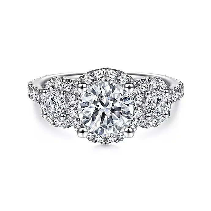 ladies engagement rings floral-France - 14K White Gold Round 3 Stone Halo Diamond Engagement Ring