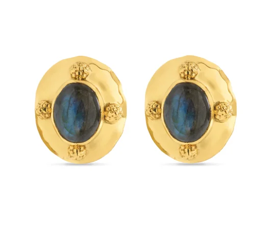 ladies earrings offers-Earrings - Cleopatra Oval Gold/Blue Labradorite Earrings