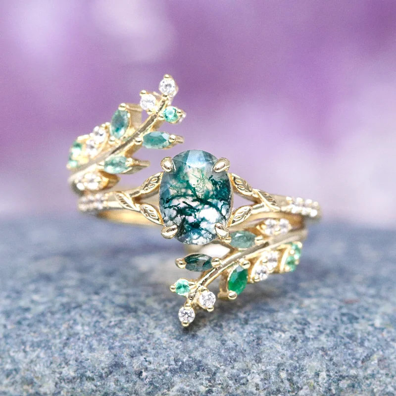 ladies engagement rings spring-Green Moss Agate & Emerald Leaf Engagement Ring Set- 14K/ 18K Solid Yellow Gold