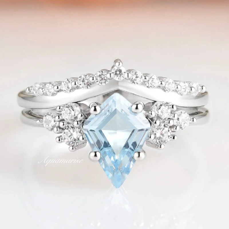 ladies engagement rings storage-Skylar Aquamarine Engagement Ring Set- 14K Solid White Gold