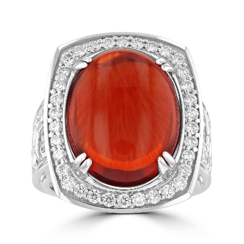 Ladies rings yoga charm -JULEVE 18KT 11.71 CT FIRE OPAL & 0.58 CTW DIAMOND HALO RING