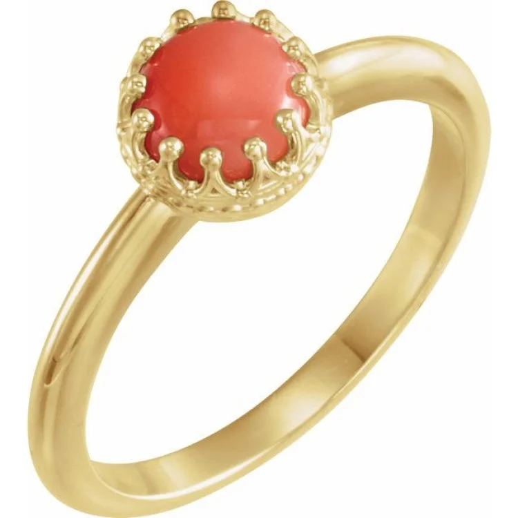 Ladies rings nature charm -14K Yellow 6 mm Natural Pink Coral Crown Cabochon Ring