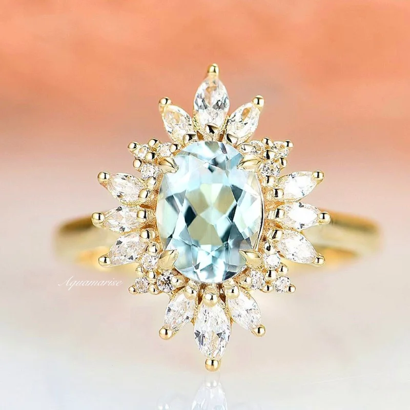 ladies engagement rings sizes-Aurora Natural Aquamarine Engagement Ring- 14K Solid Yellow Gold